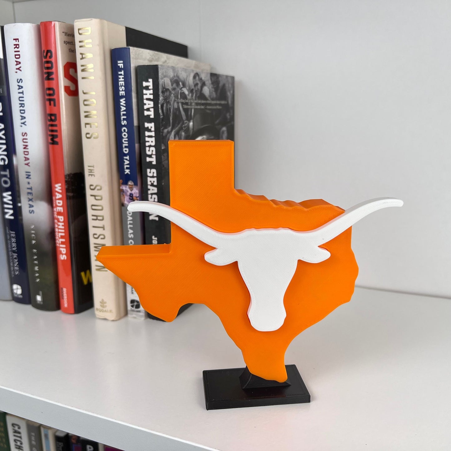 University of Texas Longhorns decoration on white bookshelf.