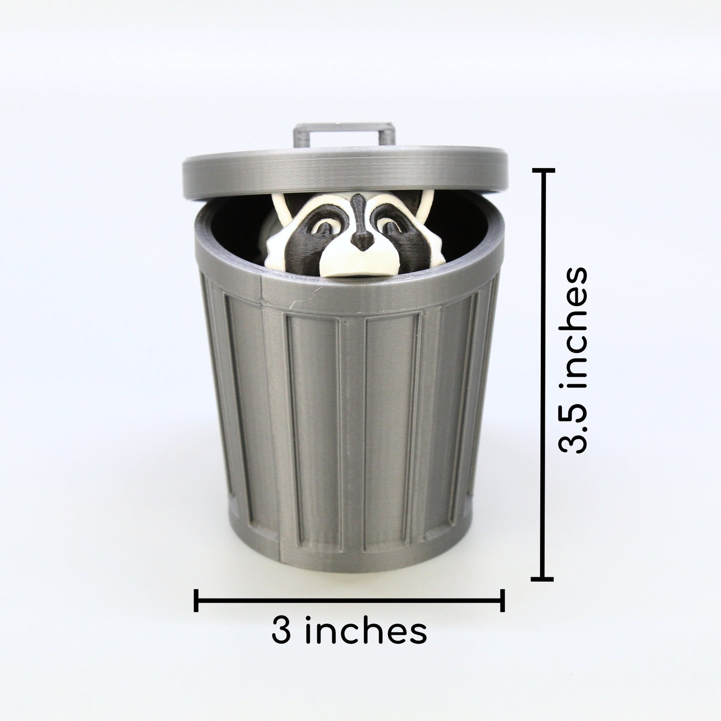 Raccoon inside of the trash can with size measurements.