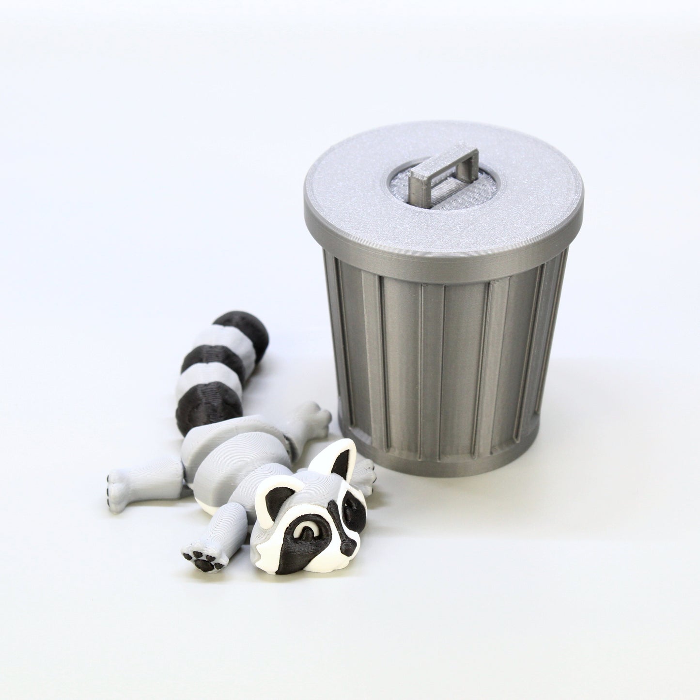 Raccoon outside of the trash can.
