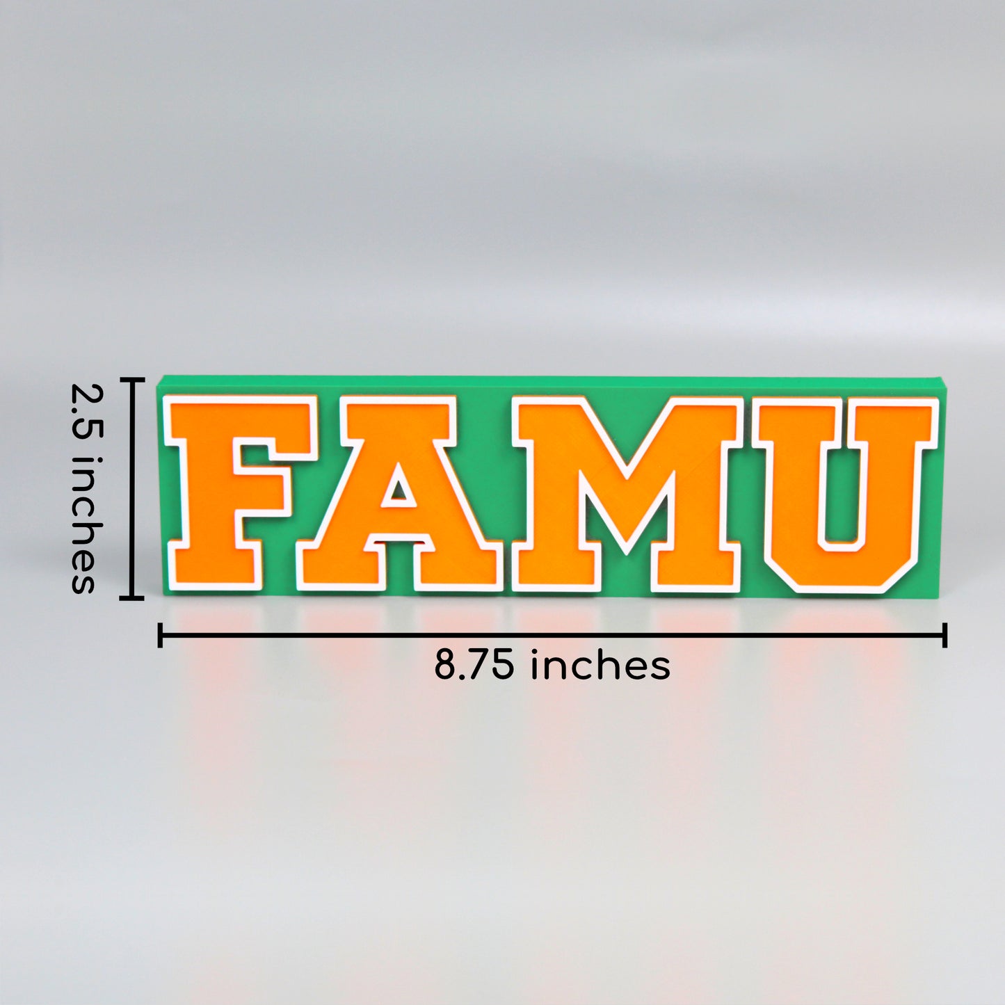 Florida A&M University decoration measurements. 2.5 inches tall and 8.75 inches wide.