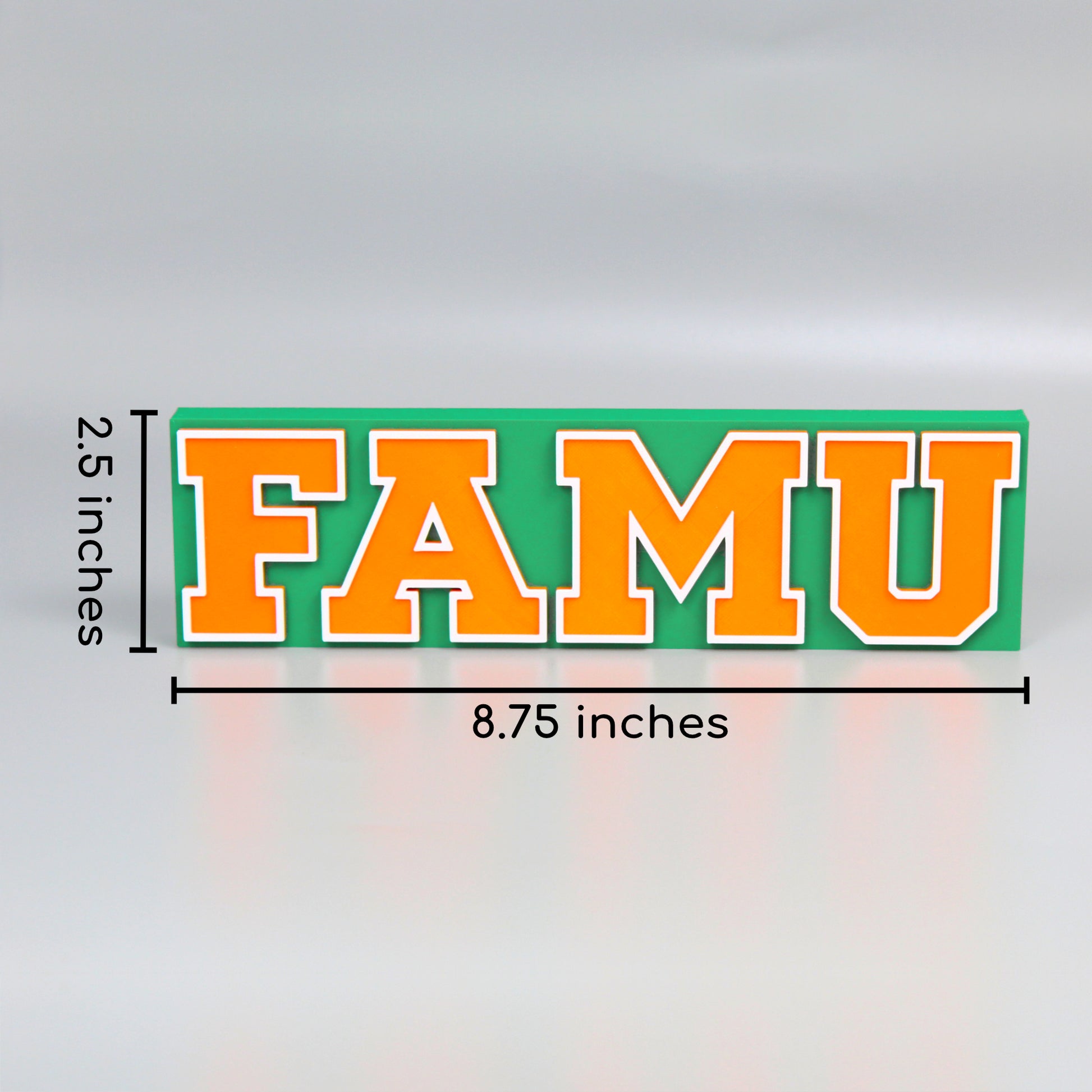 Florida A&M University decoration measurements. 2.5 inches tall and 8.75 inches wide.