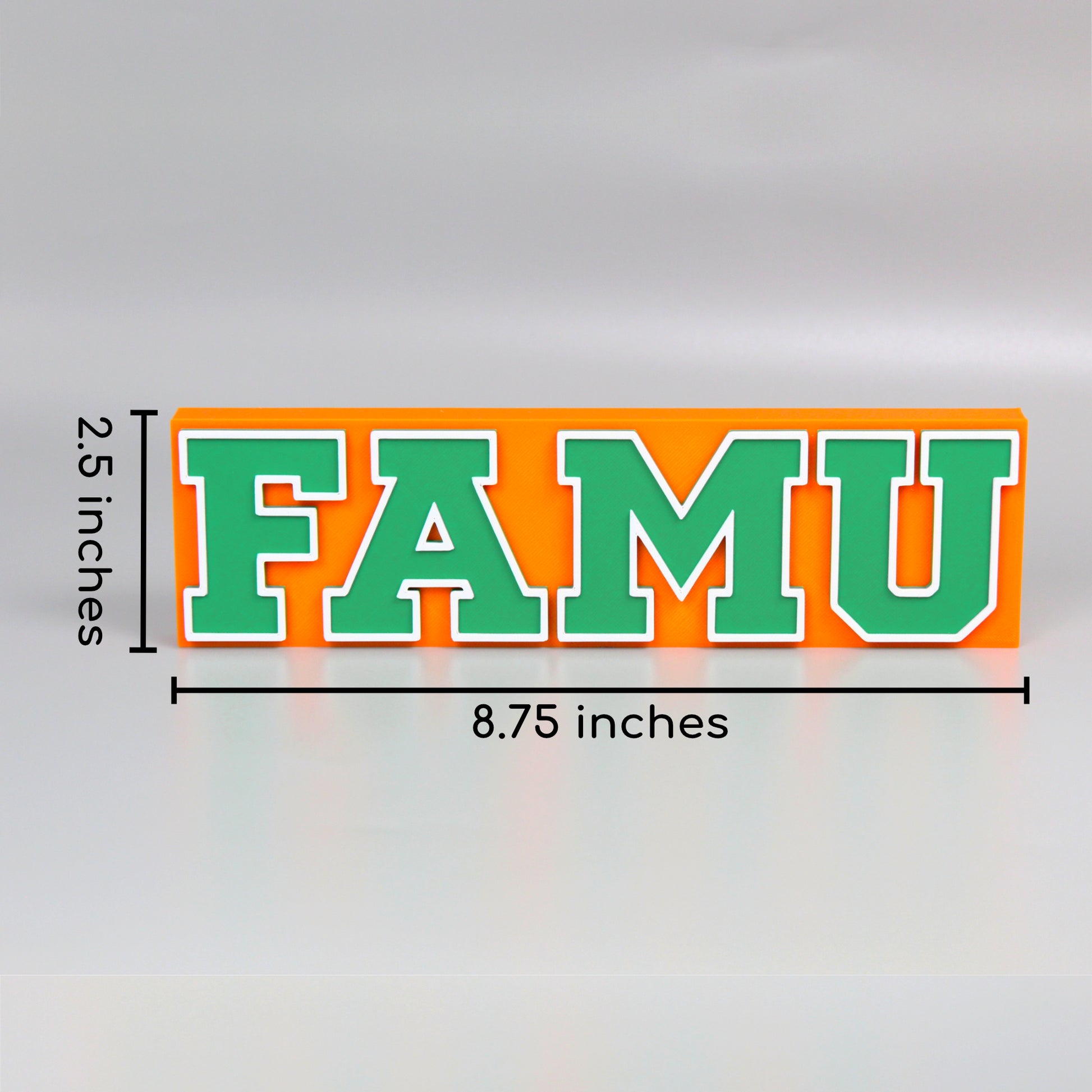 Florida A&M University decoration measurements. 2.5 inches tall and 8.75 inches wide.