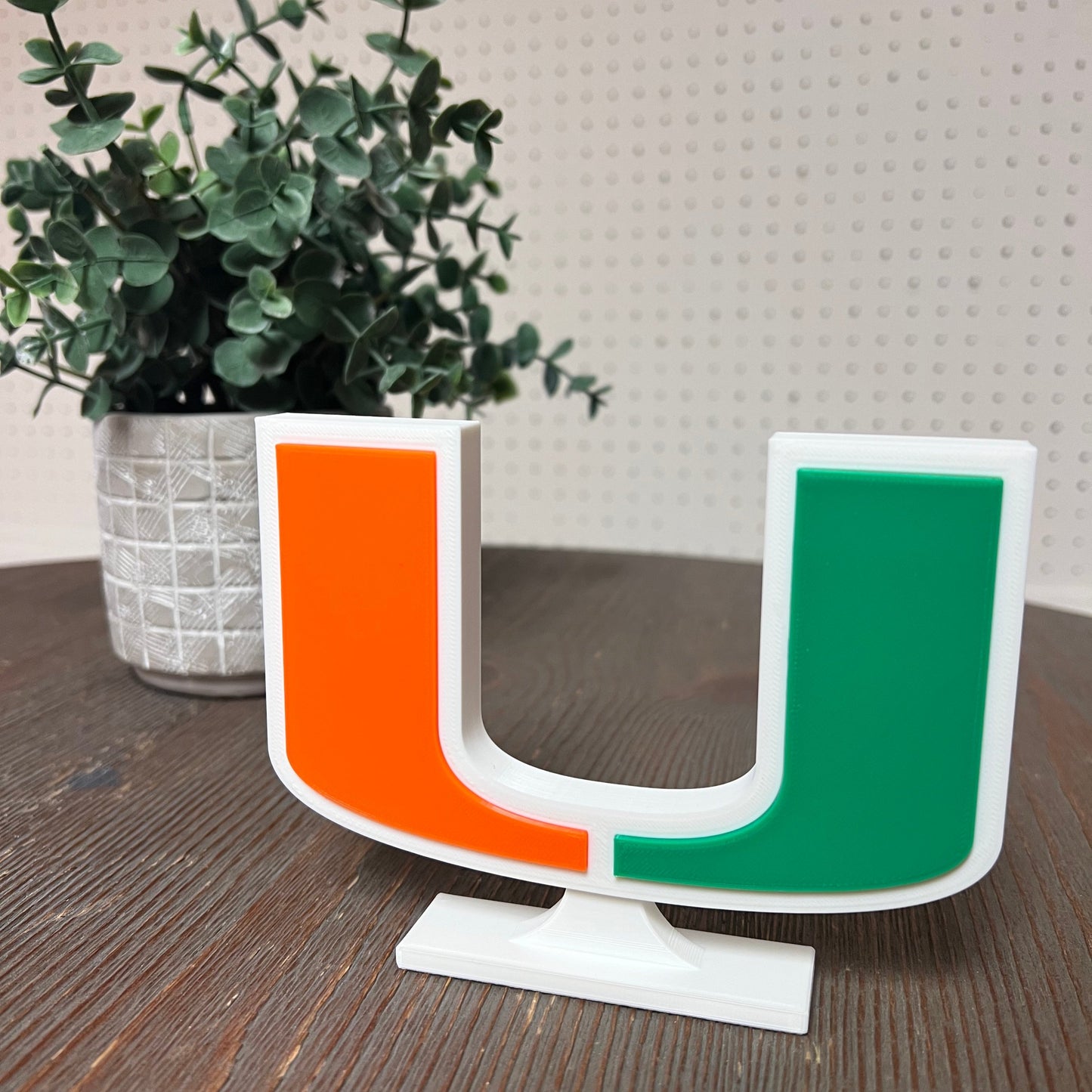 University of Miami decoration on a circular table with a plant.