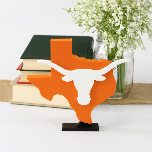 University of Texas decoration in front of a stack of books and mason jar with baby's breath flowers.